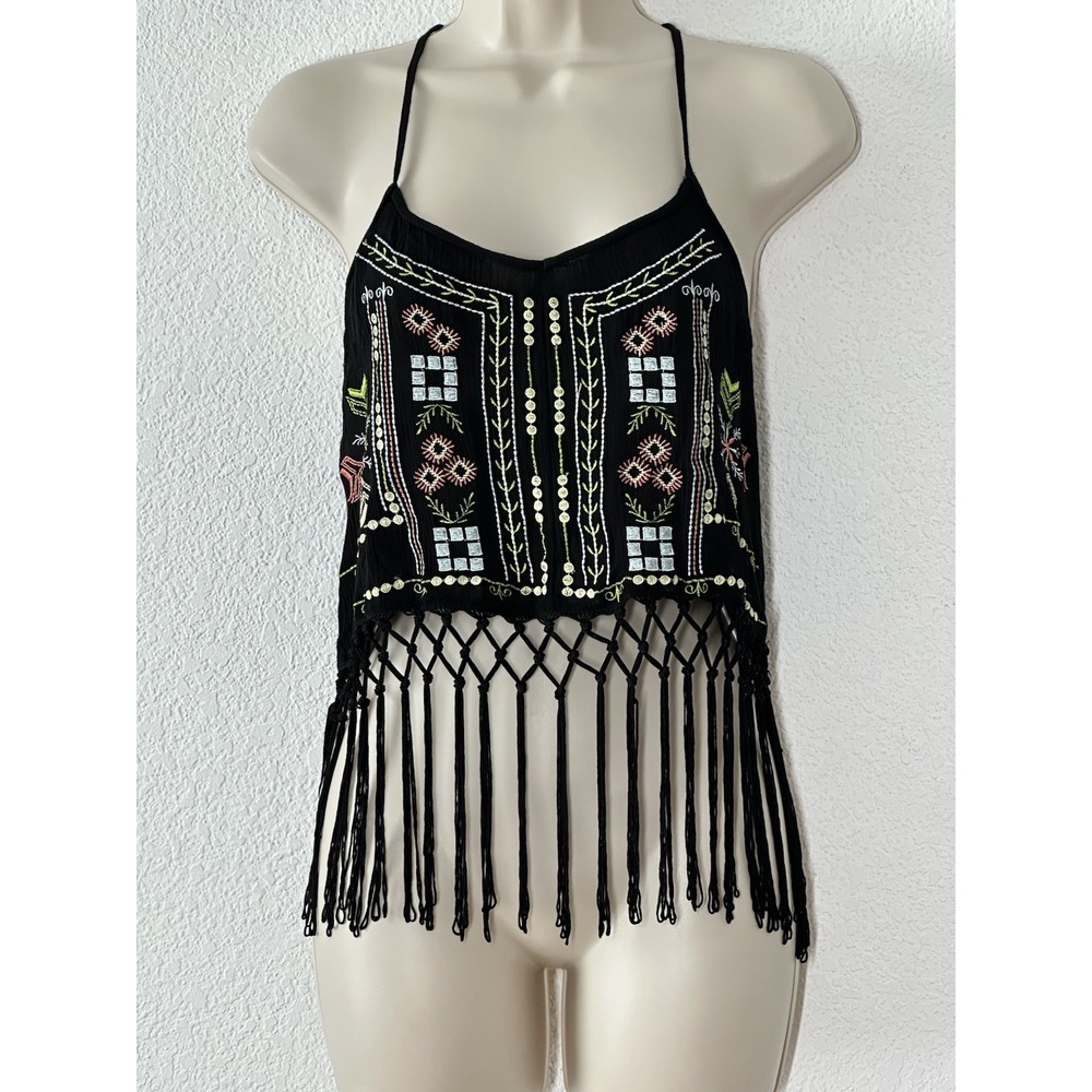 Ocean Drive Womens Size M Black Embroidered Fringe Crop Top Festival Boho Gypsy